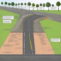 A detailed and informative tutorial image explaining road cross-sections in civil engineering using AutoCAD Civil 3D