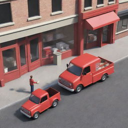 A 3D image of a man handing a small box to another man inside a store, with a view of a red truck parked on the street outside the store.