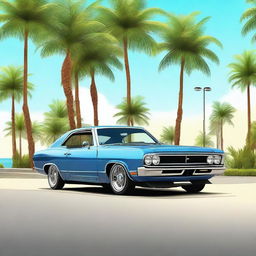 Create a realistic image of a car parked on the street in front of palm trees