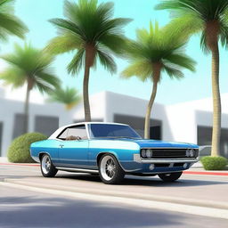 Create a realistic image of a car parked on the street in front of palm trees