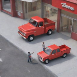 A 3D image of a man handing a small box to another man inside a store, with a view of a red truck parked on the street outside the store.