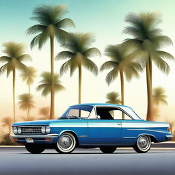 Create a realistic image of a car parked on the street in front of palm trees