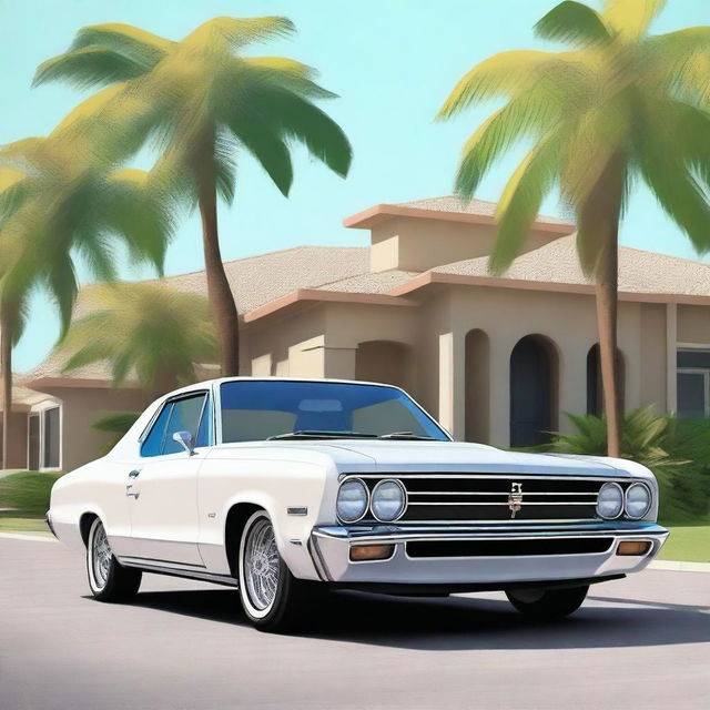 Create a realistic image of a car parked on the street in front of palm trees