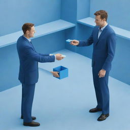 Generate a 3D image of a man handing a small box to another man, both situated inside a store painted in various shades of blue.