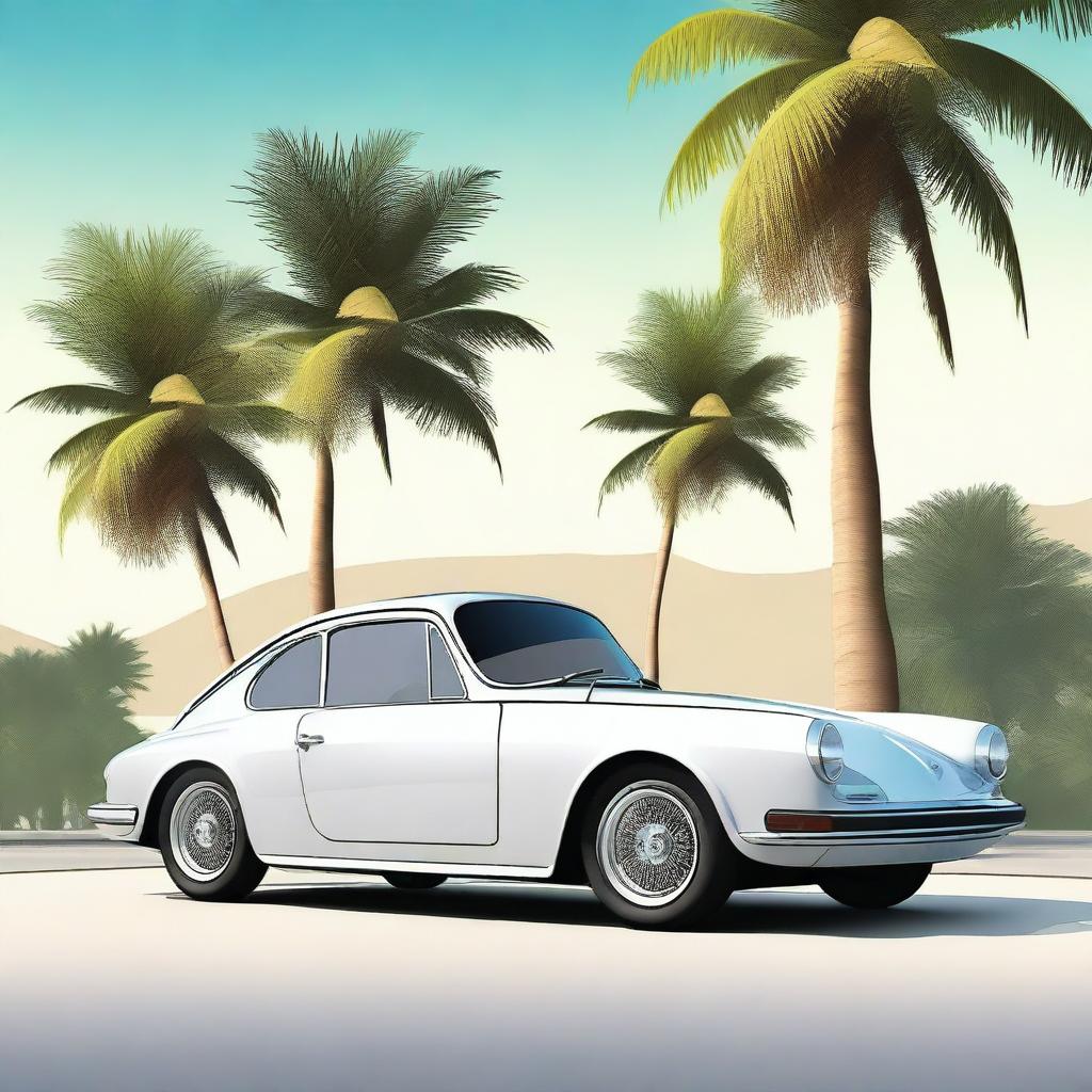 Create a realistic image of a modern car parked on the street in front of palm trees