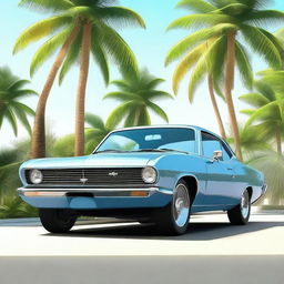 Create a realistic image of a modern car parked on the street in front of palm trees