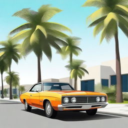 Create a realistic image of a modern car parked on the street in front of palm trees