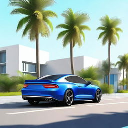 Create a realistic image of a modern car parked on the street in front of palm trees