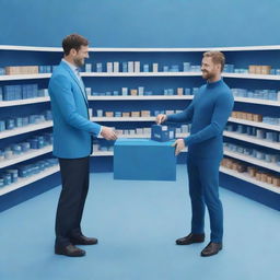 Generate a 3D image of a man handing a small box to another man, both situated inside a store painted in various shades of blue.