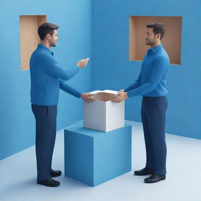 Generate a 3D image of a man handing a small box to another man, both situated inside a store painted in various shades of blue.