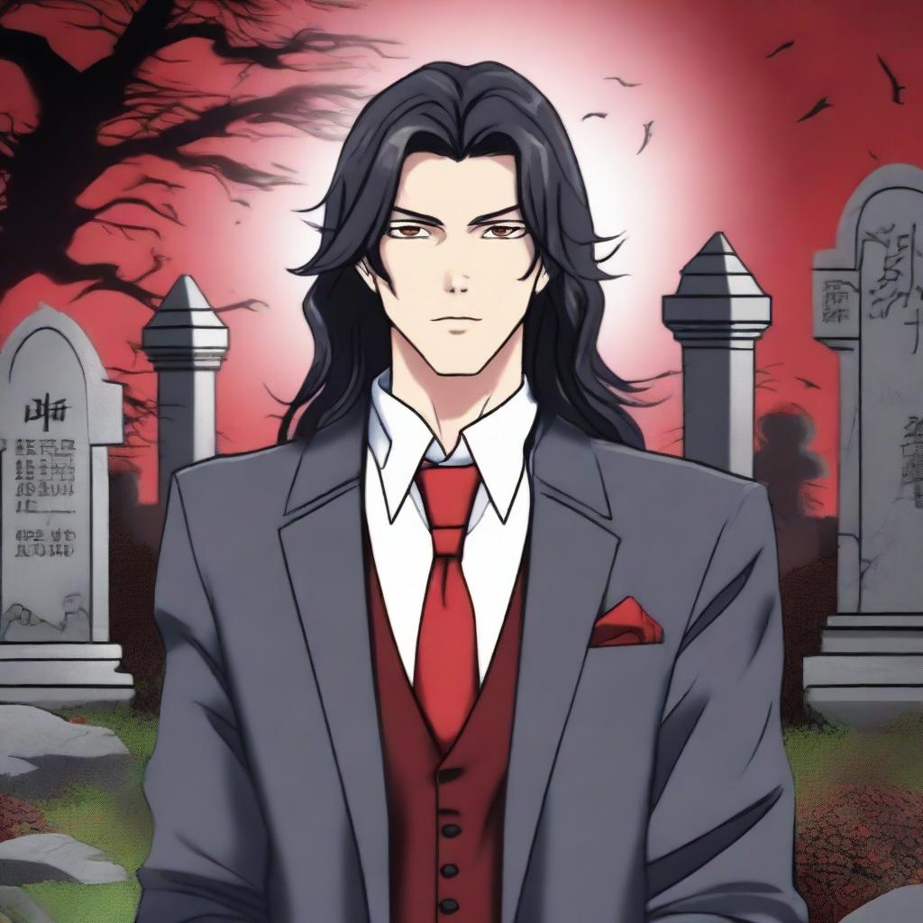 A 6'1 height male with black long wavy hair to the shoulder, Asian, with red eyes standing in a graveyard background