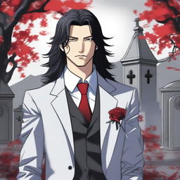 A 6'1 height male with black long wavy hair to the shoulder, Asian, with red eyes standing in a graveyard background