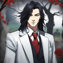 A 6'1 height male with black long wavy hair to the shoulder, Asian, with red eyes standing in a graveyard background