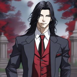 A 6'1 height male with black long wavy hair to the shoulder, Asian, with red eyes standing in a graveyard background