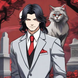 A 6'1 height male with black long wavy hair to the shoulder, Asian, with red sharp cat eyes standing in a graveyard background