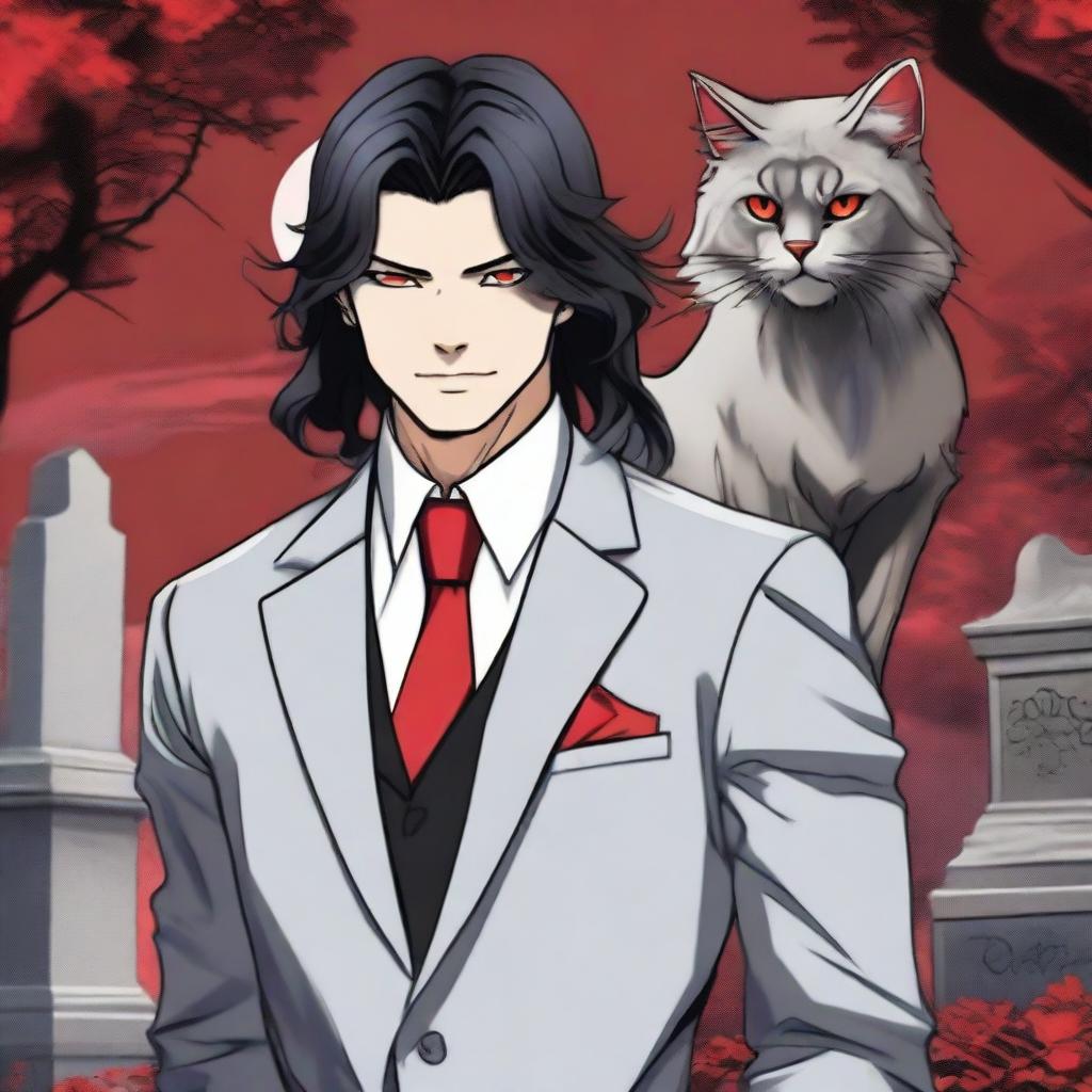 A 6'1 height male with black long wavy hair to the shoulder, Asian, with red sharp cat eyes standing in a graveyard background