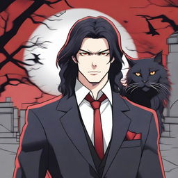 A 6'1 height male with black long wavy hair to the shoulder, Asian, with red sharp cat eyes standing in a graveyard background