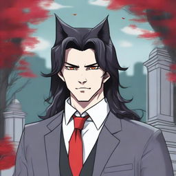 A 6'1 height male with black long wavy hair to the shoulder, Asian, with red sharp cat eyes standing in a graveyard background