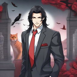 A 6'1 height male with black long wavy hair to the shoulder, Asian, with red sharp cat eyes standing in a graveyard background