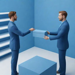 Generate a 3D image of a man handing a small box to another man, both situated inside a store painted in various shades of blue.