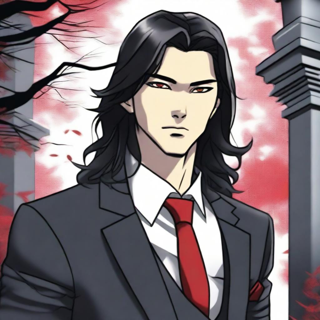 A 6'1 height male with black long wavy hair to the shoulder, Asian, with red sharp eyes standing in a graveyard background