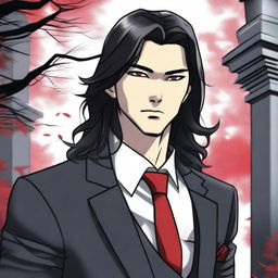 A 6'1 height male with black long wavy hair to the shoulder, Asian, with red sharp eyes standing in a graveyard background