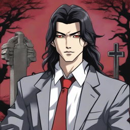 A 6'1 height male with black long wavy hair to the shoulder, Asian, with red sharp eyes standing in a graveyard background