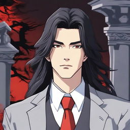 A 6'1 height male with black long wavy hair to the shoulder, Asian, with red sharp eyes standing in a graveyard background