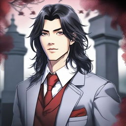 A 6'1 height male with black long wavy hair to the shoulder, Asian, with red sharp eyes standing in a graveyard background