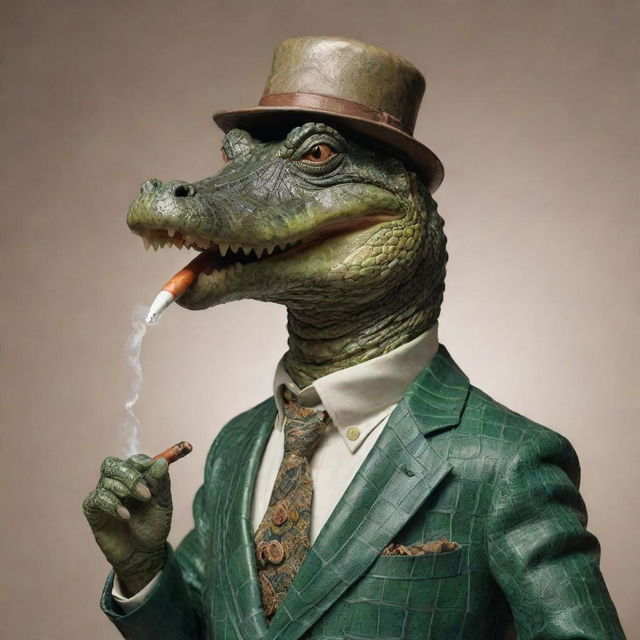 An anthropomorphic alligator smoking a pipe, wearing a turtleneck