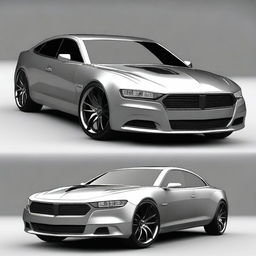 Create an image of a sporty sedan with custom wheels and drag racing tires on the rear wheels