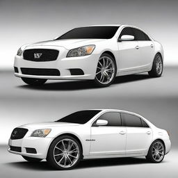 Create an image of a sporty sedan with custom wheels and drag racing tires on the rear wheels