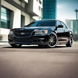 Create an image of a sporty sedan with custom wheels and drag racing tires on the rear wheels