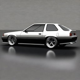 Create an image of a normal, basic car from the year 1992 with custom wheels and drag racing tires on the rear wheel well