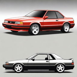 Create an image of a normal, basic car from the year 1992 with custom wheels and drag racing tires on the rear wheel well