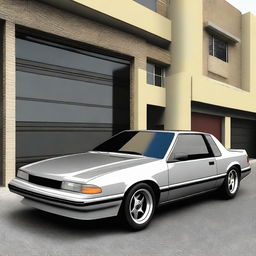 Create an image of a normal, basic car from the year 1992 with custom wheels and drag racing tires on the rear wheel well