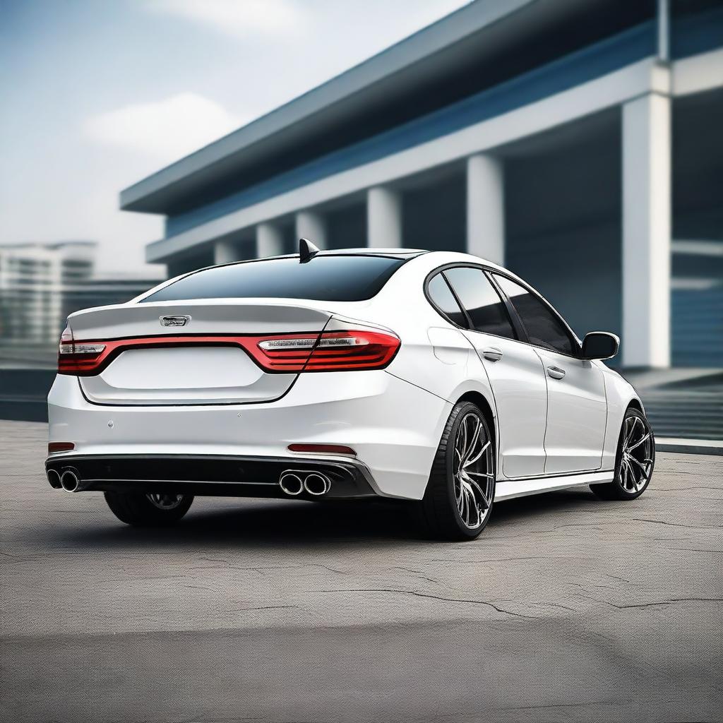 Create an image of a sporty sedan with a drag spoiler attached to the trunk