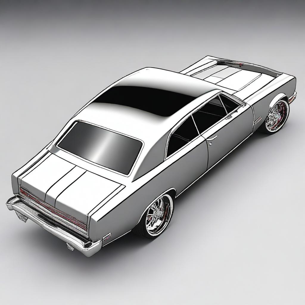 Create an image of a sporty sedan with custom wheels, drag racing tires on the rear wheel well, a drag spoiler attached to the trunk, and wheelie bars