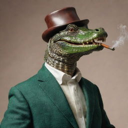 An anthropomorphic alligator smoking a pipe, wearing a turtleneck