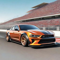 Create an image of a drag strip with a high-performance sporty sedan equipped with a monstrous 9