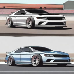 Create an image of a drag strip with a high-performance sporty sedan equipped with a monstrous 9