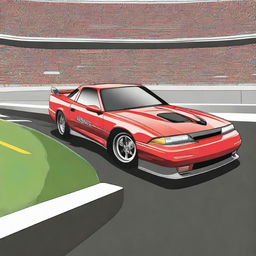 Create an image of a drag strip featuring a high-performance sporty sedan with a monstrous 9