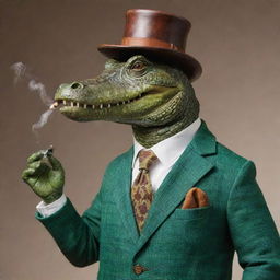 An anthropomorphic alligator smoking a pipe, wearing a turtleneck