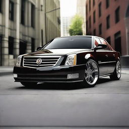 Create an image of a Cadillac DTS that has been modified with a front bumper splitter, a small spoiler to the rear, and LED headlights