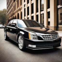 Create an image of a Cadillac DTS that has been modified with a front bumper splitter, a small spoiler to the rear, and LED headlights