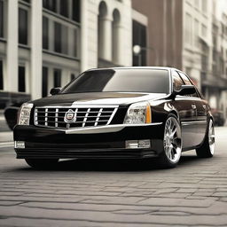 Create an image of a Cadillac DTS that has been modified with a front bumper splitter, a small spoiler to the rear, and LED headlights