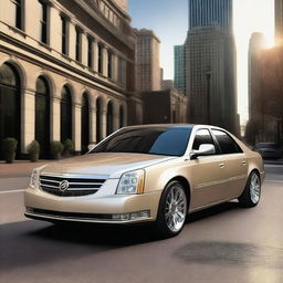 Create an image of a Cadillac DTS that has been modified with a front bumper splitter, a small spoiler to the rear, and LED headlights