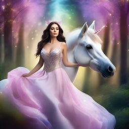 A beautiful brunette woman with an ample bust riding a majestic unicorn through a fantasy forest