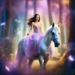 A beautiful brunette woman with an ample bust riding a majestic unicorn through a fantasy forest