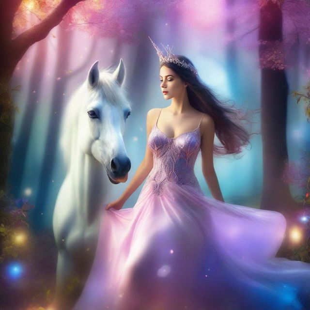 A beautiful brunette woman with an ample bust riding a majestic unicorn through a fantasy forest